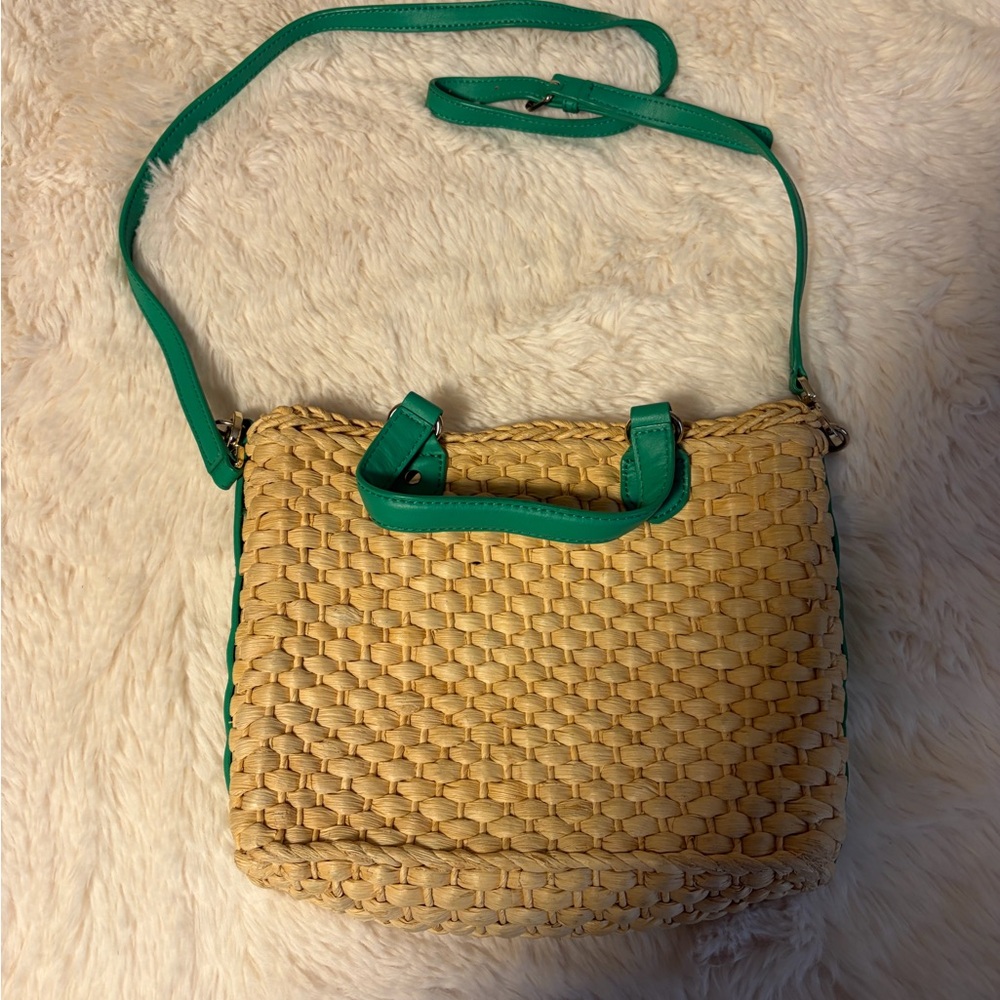 Woven Straw Crossbody Bag with Green Trim